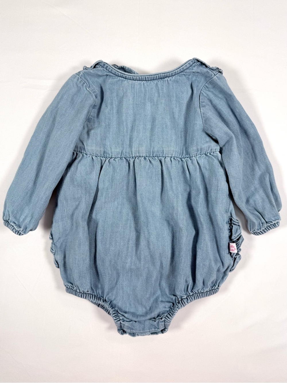 RUFFLEBUTTS Baby Girls Denim Flutter Ruffle Bubble Romper 12-18m Cottagecore